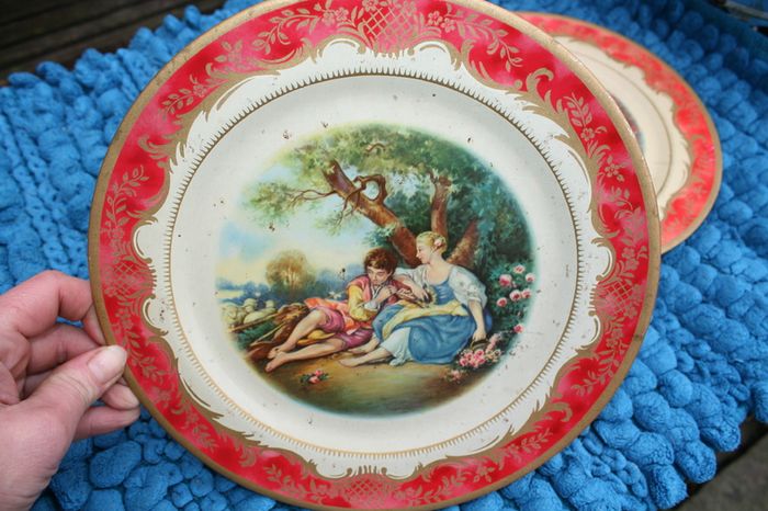 2 Antique Tin Plate Metal Box Co Portland Ware MELODY Shepherds Romantic 10" Wear