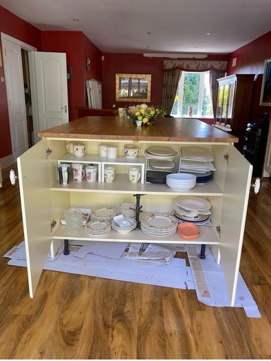 Kitchen + Island + Solid Oak Countertops + Integrated Dishwasher + black sink & gold mixer tap