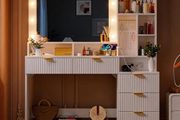 LED Dressing Table with Mirror and Light with LED Lighting with Sockets (AC, USB &amp; Type-C), 5 Drawers, 7 Open Storage Spaces with Jewellery Hooks