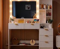 LED Dressing Table with Mirror and Light with LED Lighting with Sockets (AC, USB & Type-C), 5 Drawers, 7 Open Storage Spaces with Jewellery Hooks