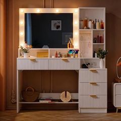 LED Dressing Table with Mirror and Light with LED Lighting with Sockets (AC, USB & Type-C), 5 Drawers, 7 Open Storage Spaces with Jewellery Hooks