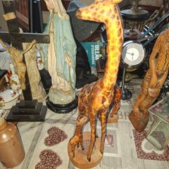 Very Large Vintage Hand Carved Wooden Mother & Baby Giraffe African Folk Art Sculpture and another Giraffe, 3 in total