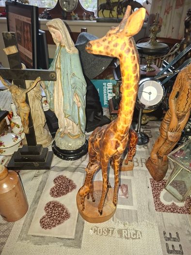 Very Large Vintage Hand Carved Wooden Mother & Baby Giraffe African Folk Art Sculpture and another Giraffe, 3 in total