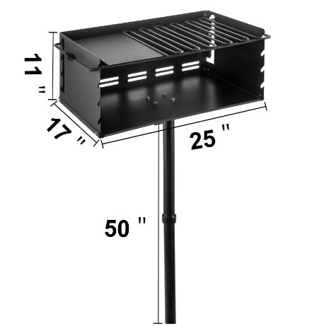 25x17 Inch Charcoal Grill Heavy Duty BBQ Single Post w/ Cooking Grate Adjustable Park-Style Camping Outdoor