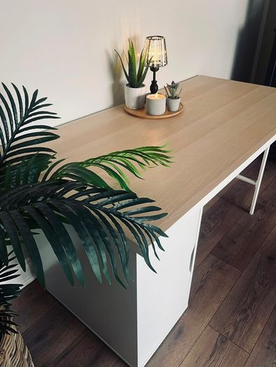 Modern IKEA Desk!!! Top: Light wood/oak effectBase: White storage cabinet + trestle leg.Style: Minimalist / Scandinavian.Perfect for home office or student room.Size L150cm ,W75cm