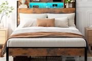 Double Bed Frame with Charging Station(2AC, 2USB) and LED, 135x190 Open Storage Shelves, Wooden Headboard, Metal Small Double Bed Frame with Underbed Storage, Strong Metal Slat Support