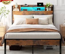 Double Bed Frame with Charging Station(2AC, 2USB) and LED, 135x190 Open Storage Shelves, Wooden Headboard, Metal Small Double Bed Frame with Underbed Storage, Strong Metal Slat Support