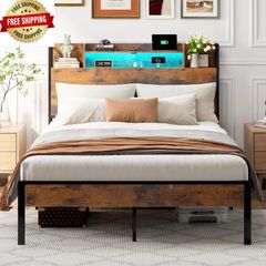 Double Bed Frame with Charging Station(2AC, 2USB) and LED, 135x190 Open Storage Shelves, Wooden Headboard, Metal Small Double Bed Frame with Underbed Storage, Strong Metal Slat Support