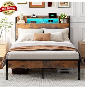 Double Bed Frame with Charging Station(2AC, 2USB) and LED, 135x190 Open Storage Shelves, Wooden Headboard, Metal Small Double Bed Frame with Underbed Storage, Strong Metal Slat Support