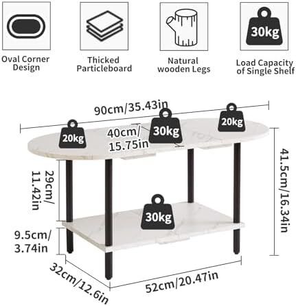 Coffee Table, Small Living Room Table, Sofa Table with Wooden Legs and 2 Tier Storage for Living Room Home Office, 35x16x17inch White Faux Marble + Black