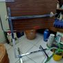 Vintage German side table with grey metal frame on wheels Image 6