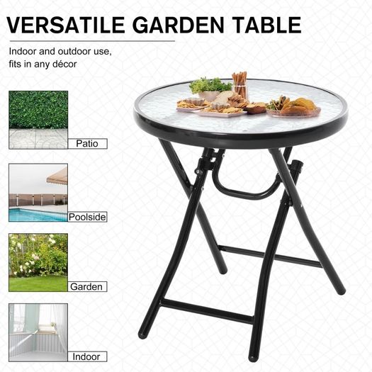 NEW SALE | 45CM Garden Round Table Foldable Dining Table with Safety Buckle Glass Tabletop Metal Covered Edge for Patio Garden Outdoor Indoor Space