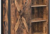 _Sideboard, kitchen cabinet with sliding door and adjustable shelf levels, bathroom cabinet, living room, hallway, kitchen, home office, steel frame, industrial style, vintage brown-black