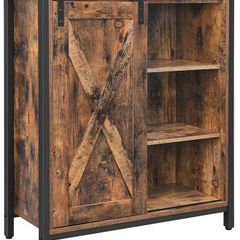 _Sideboard, kitchen cabinet with sliding door and adjustable shelf levels, bathroom cabinet, living room, hallway, kitchen, home office, steel frame, industrial style, vintage brown-black