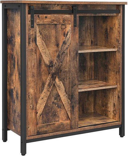 Sideboard, kitchen cabinet with sliding door and adjustable shelf levels, bathroom cabinet, living room, hallway, kitchen, home office, steel frame, industrial style, vintage brown-black