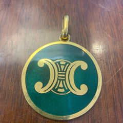 Vintage Celine Paris Triomphe Logo Green Enamel Medallion Pendant
