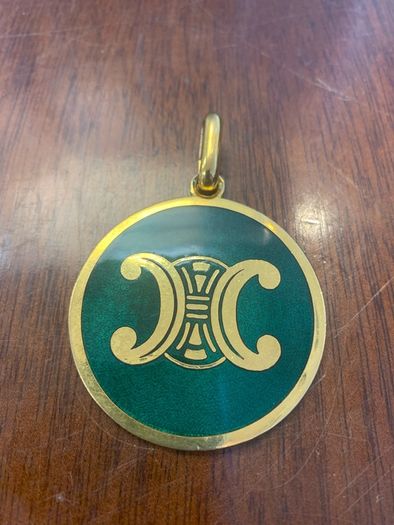 Vintage Celine Paris Triomphe Logo Green Enamel Medallion Pendant