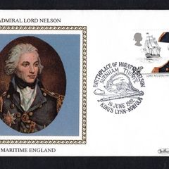 1982 Great Britain Benham Silke Cover showing Admiral Lord Nelson tying 24p Lord Nelson and H.M.S. Victory commemorative stamp
