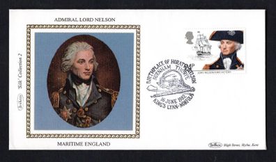 1982 Great Britain Benham Silke Cover showing Admiral Lord Nelson tying 24p Lord Nelson and H.M.S. Victory commemorative stamp