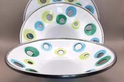PRICE DROP .. IKEA EMALJ, Candle Holder Dish White Enameled Metal Green Blue Dots, set of 3. 2002 - discontinued.