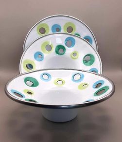 PRICE DROP .. IKEA EMALJ, Candle Holder Dish White Enameled Metal Green Blue Dots, set of 3. 2002 - discontinued.