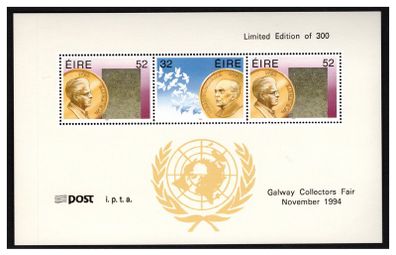 1994 Ireland Galway Collectors Fair November 1994 Exhibition Souvenir overprint on HP 71 (Irish Nobel Prize-winners ) Commemorative Stamp Booklet Pane Mint Never Hinged (MNH)
