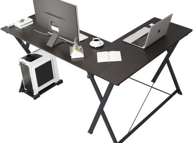 _L-shaped computer desk corner 120 cm + 110 cm, composite wood and metal, home office PC laptop study workstation table with CPU stand.