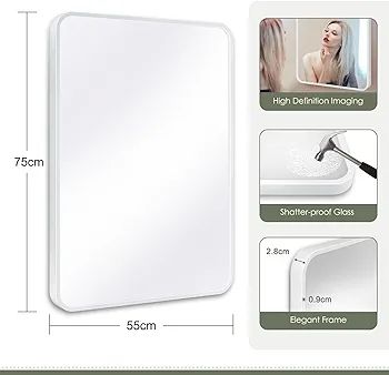 55 x 75cm Rectangle Mirror, Rectangular Hanging Wall Mirror - Home Decorative Wall Mounted Vanity Mirror for Bathroom, Dressing Room & Living Room, White