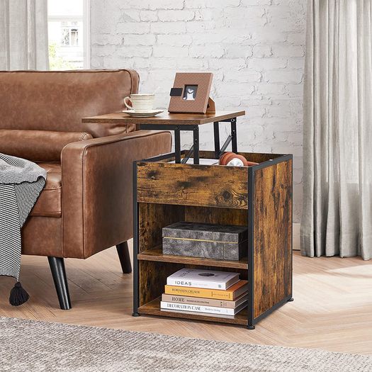 _Bedside Table Sofa Table Height Adjustable Surface Wheels Adjustable Feet 2 Open Shelves Hidden Compartment for Living Room Bedroom Vintage Brown/Black