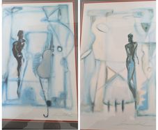 1980/90s Purchased via middle east Two Signed Alfred Gockel Abstract Figurative Artworks  Framed 1980s1990s