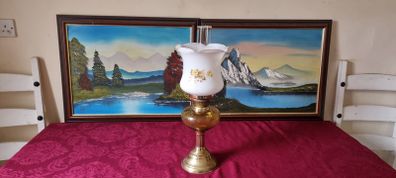 Vintage 21 Inches Tall Brass Double Burner Victorian Oil Lamp With Amber Glass Oil Font And With White Opaque Fluted  Glass Globe Shade