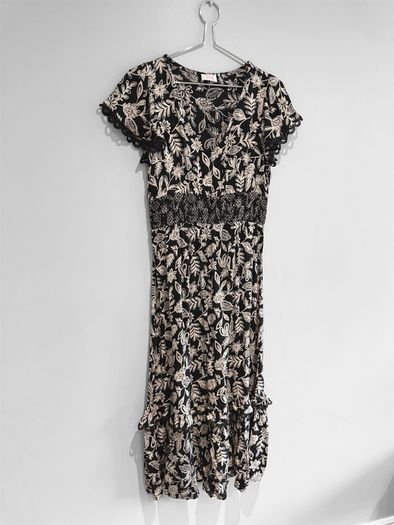 Pre Owned Savida Black & Cream Floral Midi Dress with Lace Detail