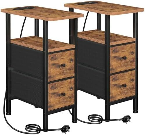Slim Bedside Table Set of 2 with Charging Station, Narrow Side Table with 2 Fabric Drawers, End Table with Open Storage Shelf, Nightstand for Small Spaces, Living Room, Brown