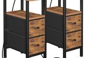 Slim Bedside Table Set of 2 with Charging Station, Narrow Side Table with 2 Fabric Drawers, End Table with Open Storage Shelf, Nightstand for Small Spaces, Living Room, Brown