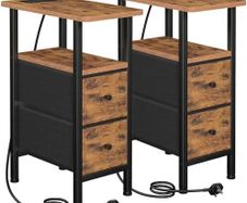 Slim Bedside Table Set of 2 with Charging Station, Narrow Side Table with 2 Fabric Drawers, End Table with Open Storage Shelf, Nightstand for Small Spaces, Living Room, Brown