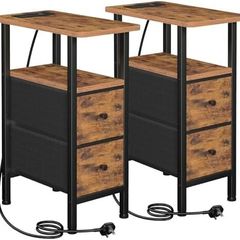 Slim Bedside Table Set of 2 with Charging Station, Narrow Side Table with 2 Fabric Drawers, End Table with Open Storage Shelf, Nightstand for Small Spaces, Living Room, Brown