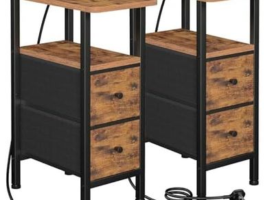 Slim Bedside Table Set of 2 with Charging Station, Narrow Side Table with 2 Fabric Drawers, End Table with Open Storage Shelf, Nightstand for Small Spaces, Living Room, Brown