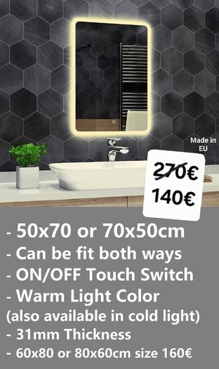 LED Bathroom Mirror Touch Switch Cold Warm Light Makeup Vanity Cosmetic