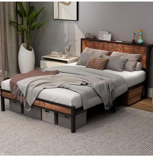 Double Bed Frame with Wooden Storage Shelf Headboard,No Box Spring Needed Metal Platform Bed Frame Double ,Noise Free,Reinforced Strong Support Leg,Textured Black&Brown Oak
