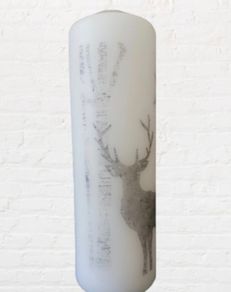 Winter christmas decorative white candle with grey deer reindeer Xmas table home decor Xmas eve gift advent scandinavian style tree wood star
