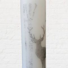 Winter christmas decorative white candle with grey deer reindeer Xmas table home decor Xmas eve gift advent scandinavian style tree wood star
