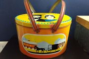 Amazing Collectable Large Oval Amish Patterned Tin Picnic Box with Handles, Very Rare to Find in Ireland - Funky Picnic Time! Props for Stage and Screen!