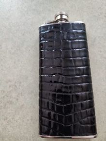 5oz Stainless Steel Black Croco Leather Flask with Captive Cap and Durable Rubber Seal