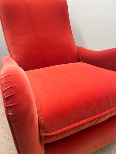 Benburb Lounge Chair in Vibrant Coral Velvet with Abstract Ikat Back