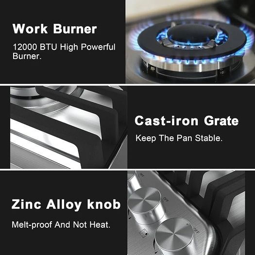Gas Hob 4 Burners, 60cm Built-in Stainless Steel Cooktop, NG/LPG Convertible Propane Gas Stove with Flame Failure Thermocouple Protection, 8800W High Power
