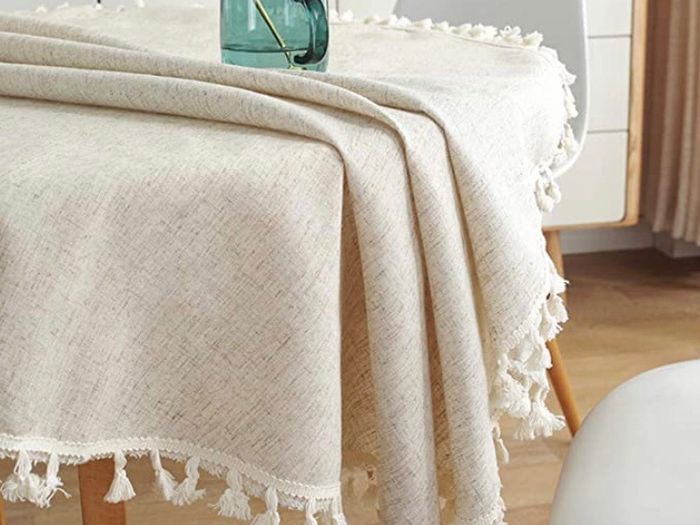 Cotton Linen Table Cloth Solid Color Tassel Round Tablecloth Dust-Proof Shrink-Proof Table Cover (Beige, Round 150cm)