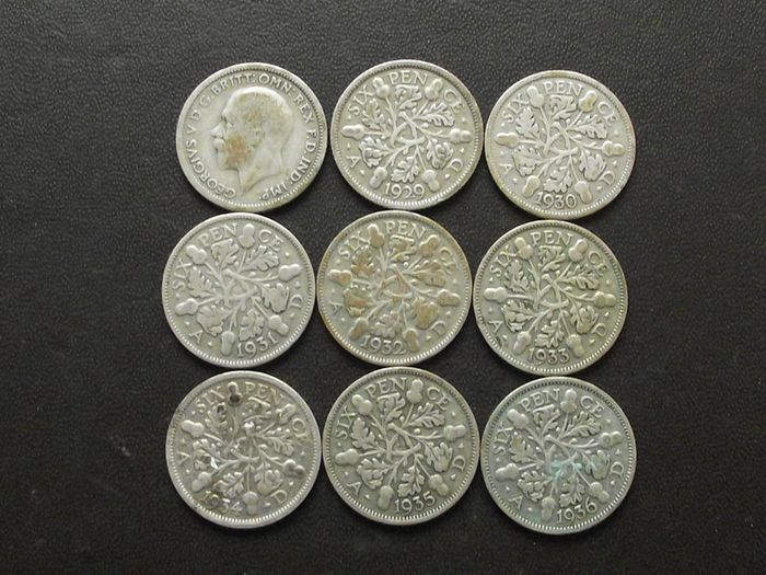 Great Britain. George V. 9 Silver@6 pence Run of the years (1928-1936)#2