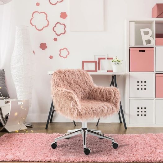 Faux Fur Computer Desk Chair, Vanity Chair with Adjustable Height, Swivel Wheels for Office, Bedroom, Pink