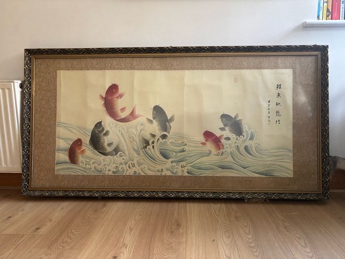 Very Large Vintage "The Carp Jumps Over the Dragon Gate" Painting on Silk
