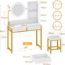 Dressing Table Set, with height-adjustable mirror for 120x180 cm, LED Lights with Adjustable Brightness, Vanity Table with stool, 2 fabric Drawers and 4 Open Compartments, 80x40x136cm, White+Gold Image 2
